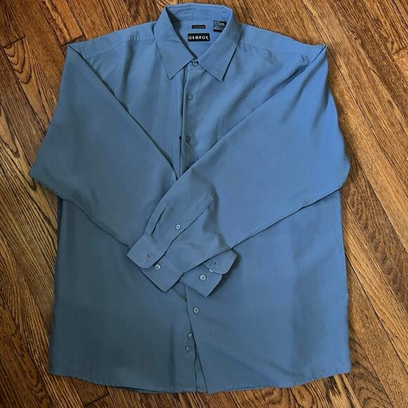Y2K George Slate Blue Sueded Men Button Up Shirt L Soft Microfiber Classic Retro - Picture 16 of 17